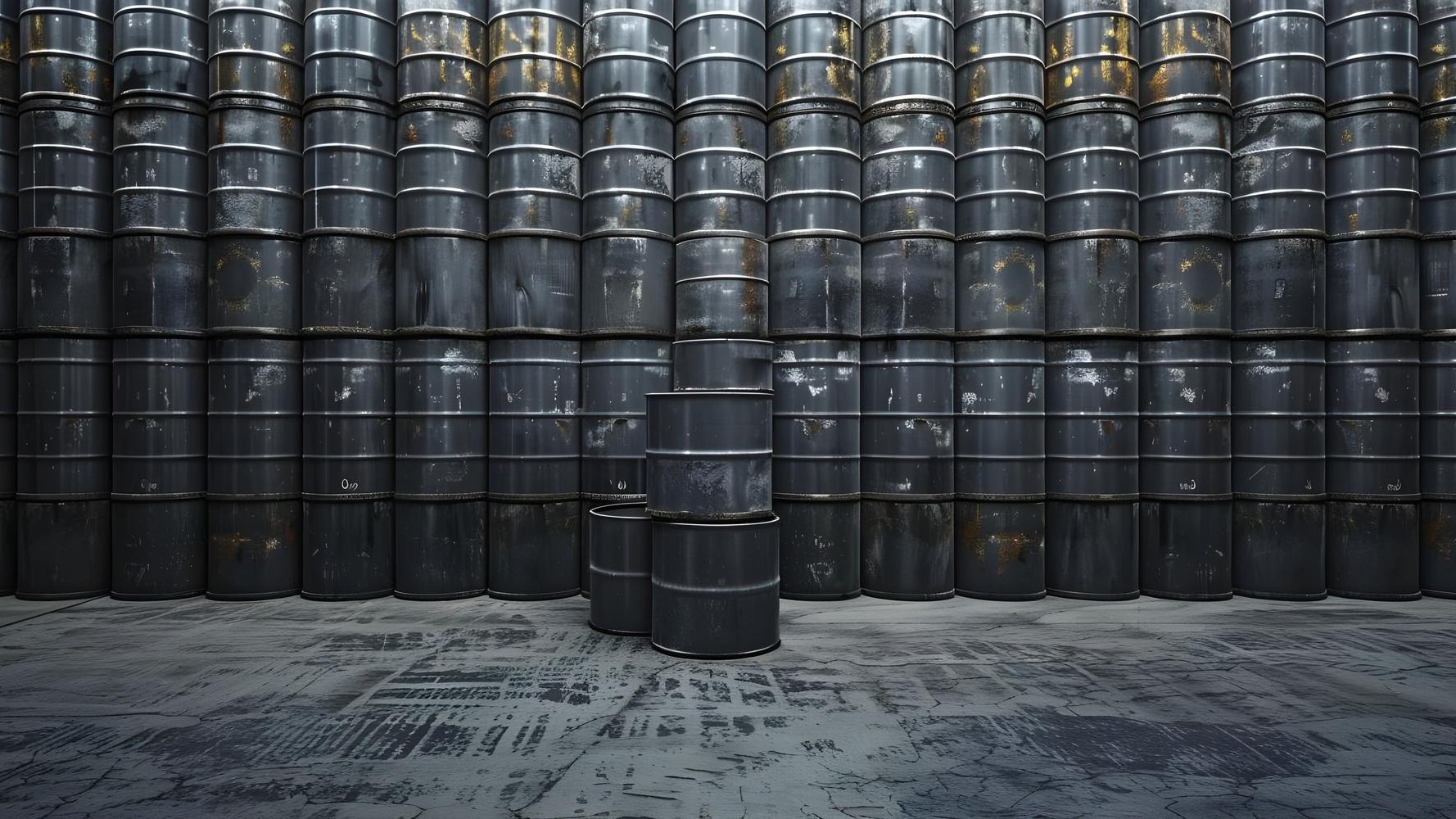 Industrial storage facility filled with rows of black oil barrels outside Concept Industrial Storage Oil Barrels Outdoor Facility Row of Barrels Black Containers