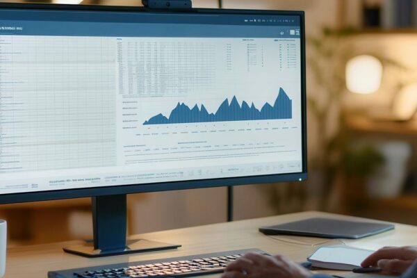 An expert focused on a large computer monitor analyzing data with a notepad and coffee mug on a wellorganized desk Generative AI