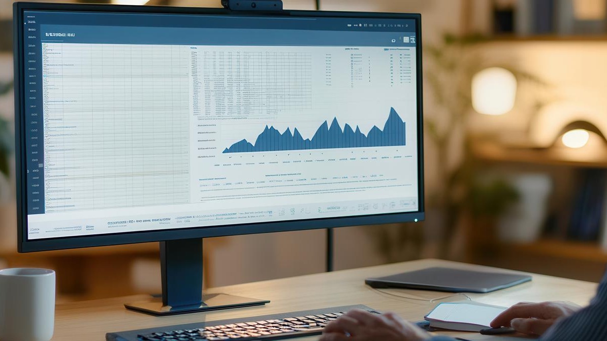 An expert focused on a large computer monitor analyzing data with a notepad and coffee mug on a wellorganized desk Generative AI