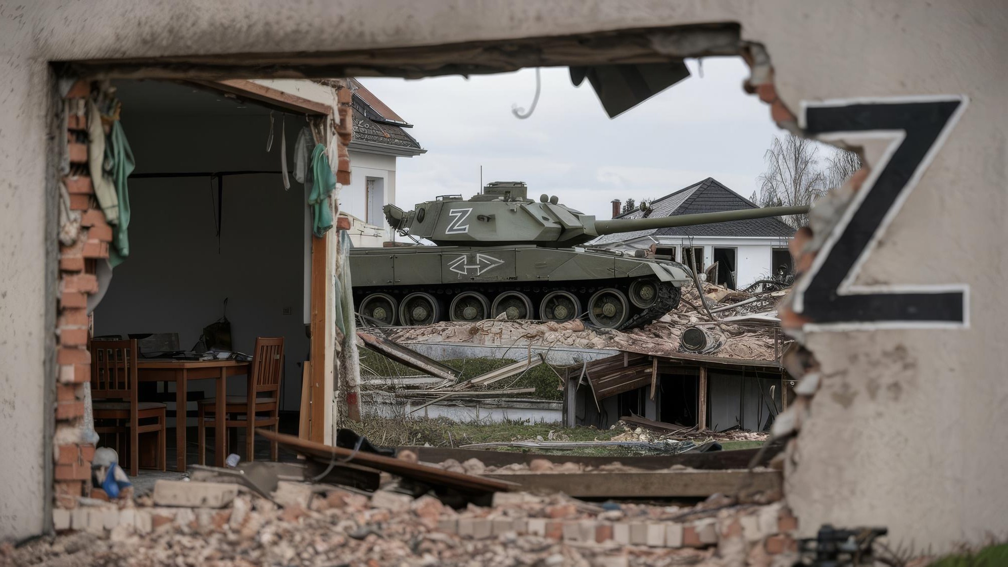 A tank with the z symbol on the background of destroyed houses the concept of confrontation between