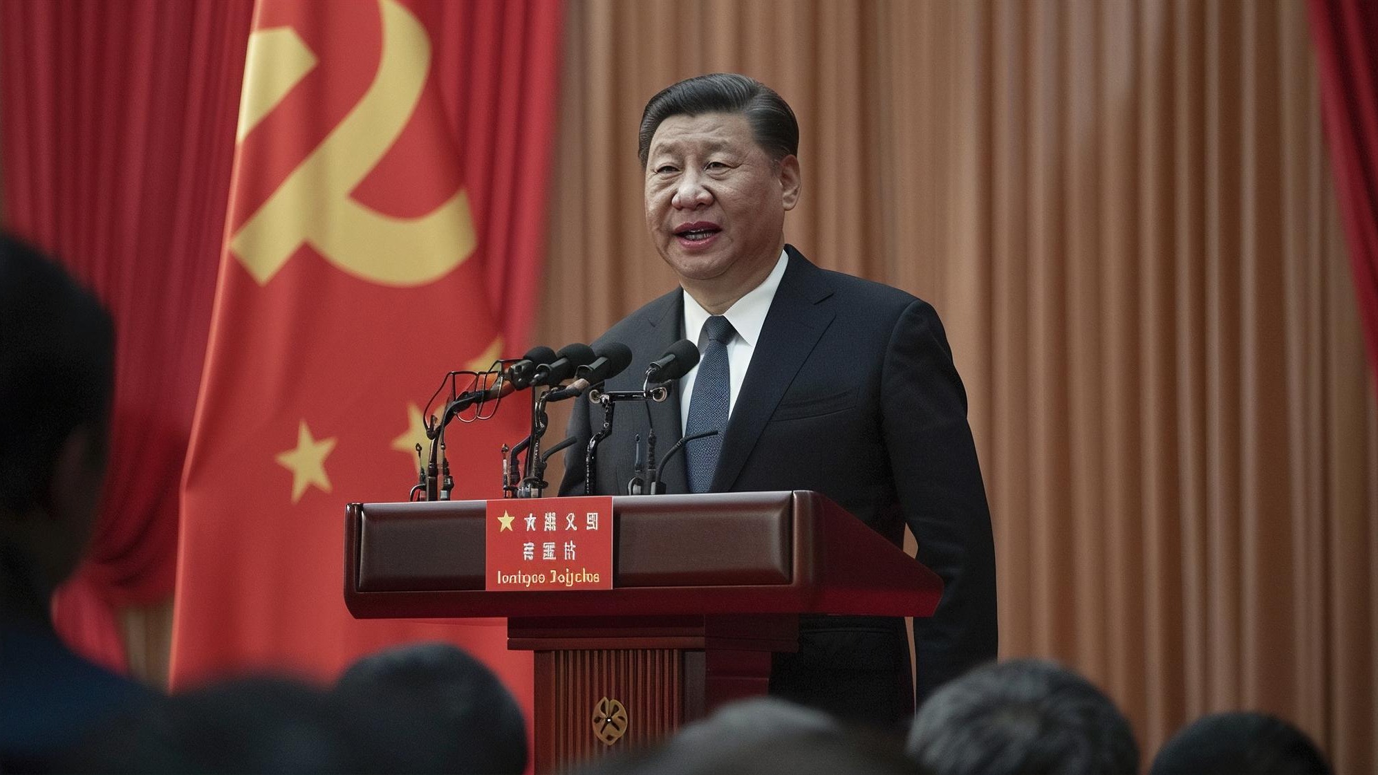Confident Chinese President Xi Jinping giving a speech at a podium with red flags in the background