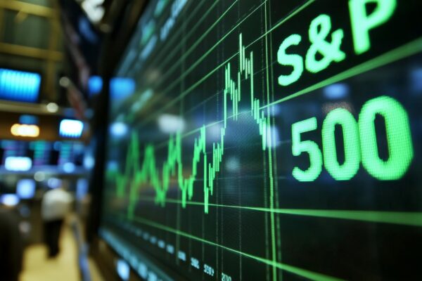 Closeup S and P 500 stock market chart displayed on a digital screen in trading environment Finance