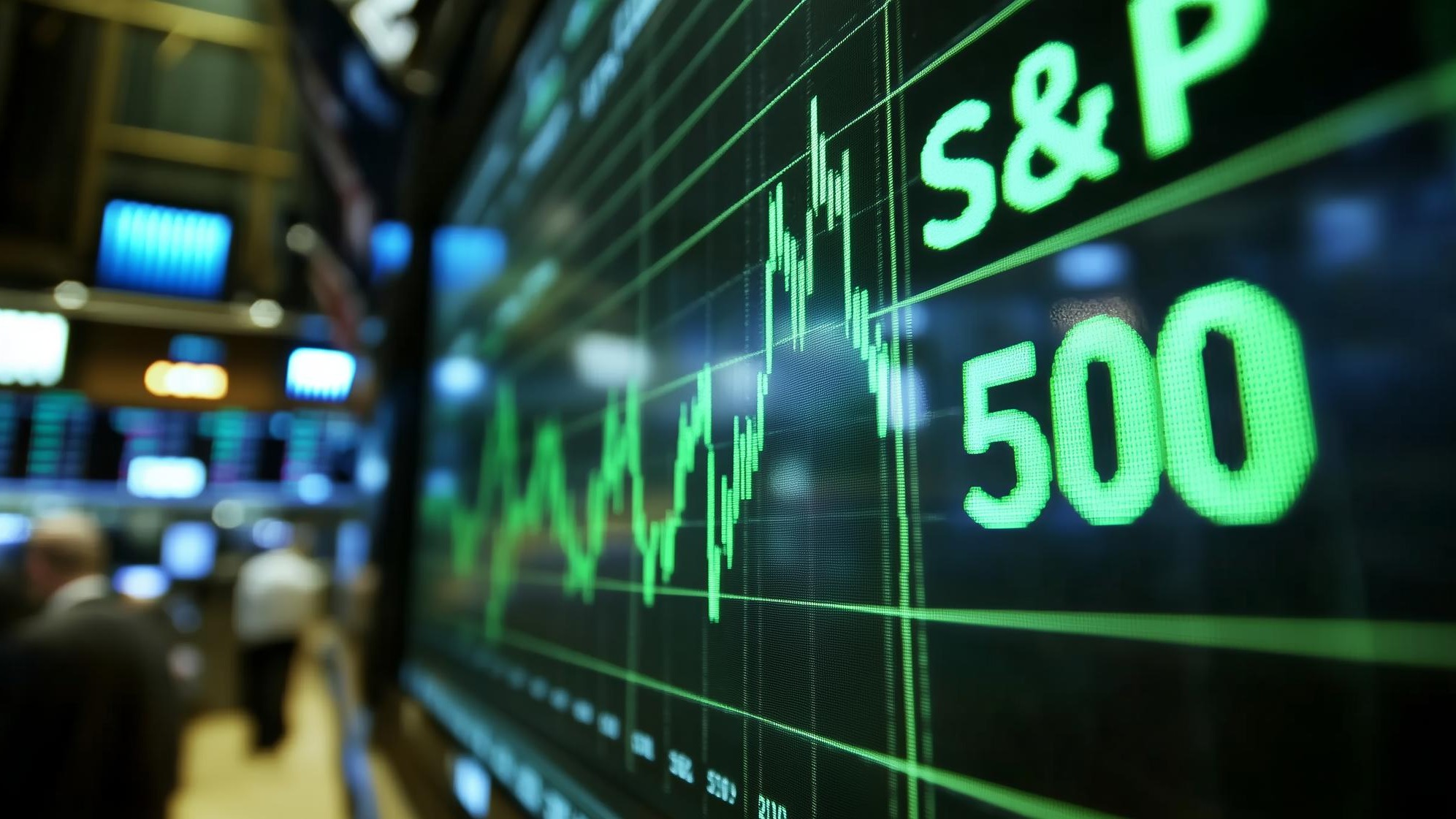 Closeup S and P 500 stock market chart displayed on a digital screen in trading environment Finance