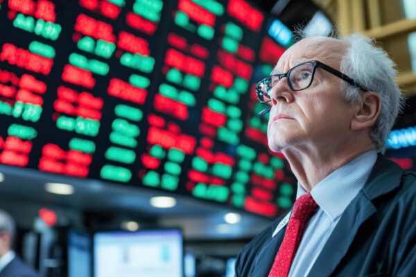 Stock market trader observing market trends with focused expression