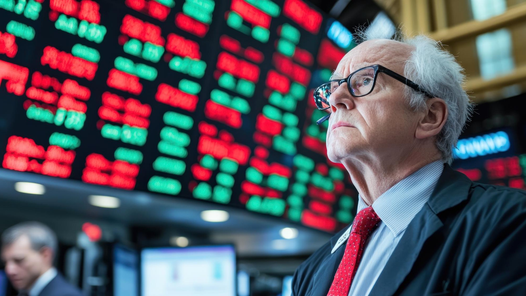 Stock market trader observing market trends with focused expression