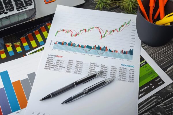 financial stock market graph report paper on top of desk