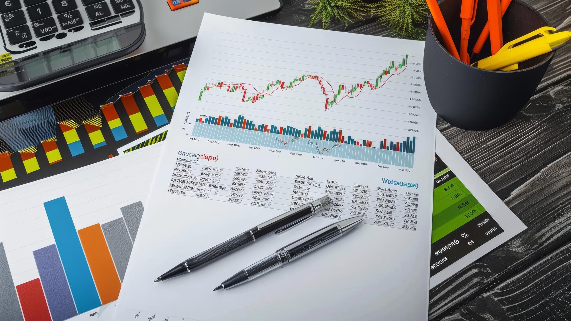 financial stock market graph report paper on top of desk