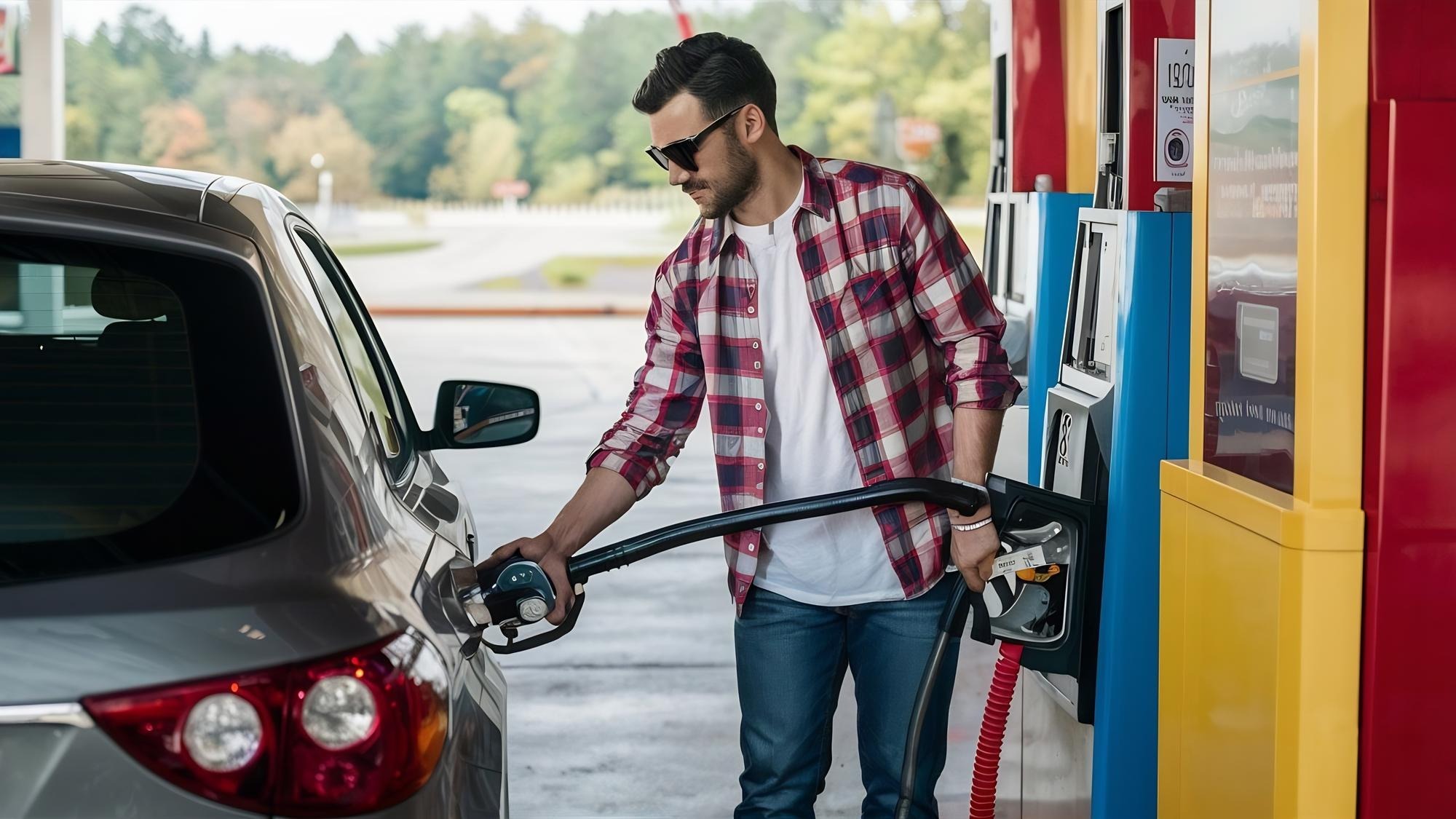 Man putting gasoline fuel into his car in a pump gas station