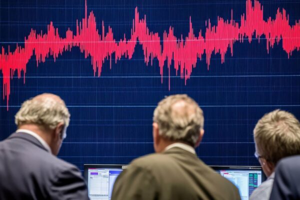 Traders Analyzing Financial Market Data with Red and Blue Graph
