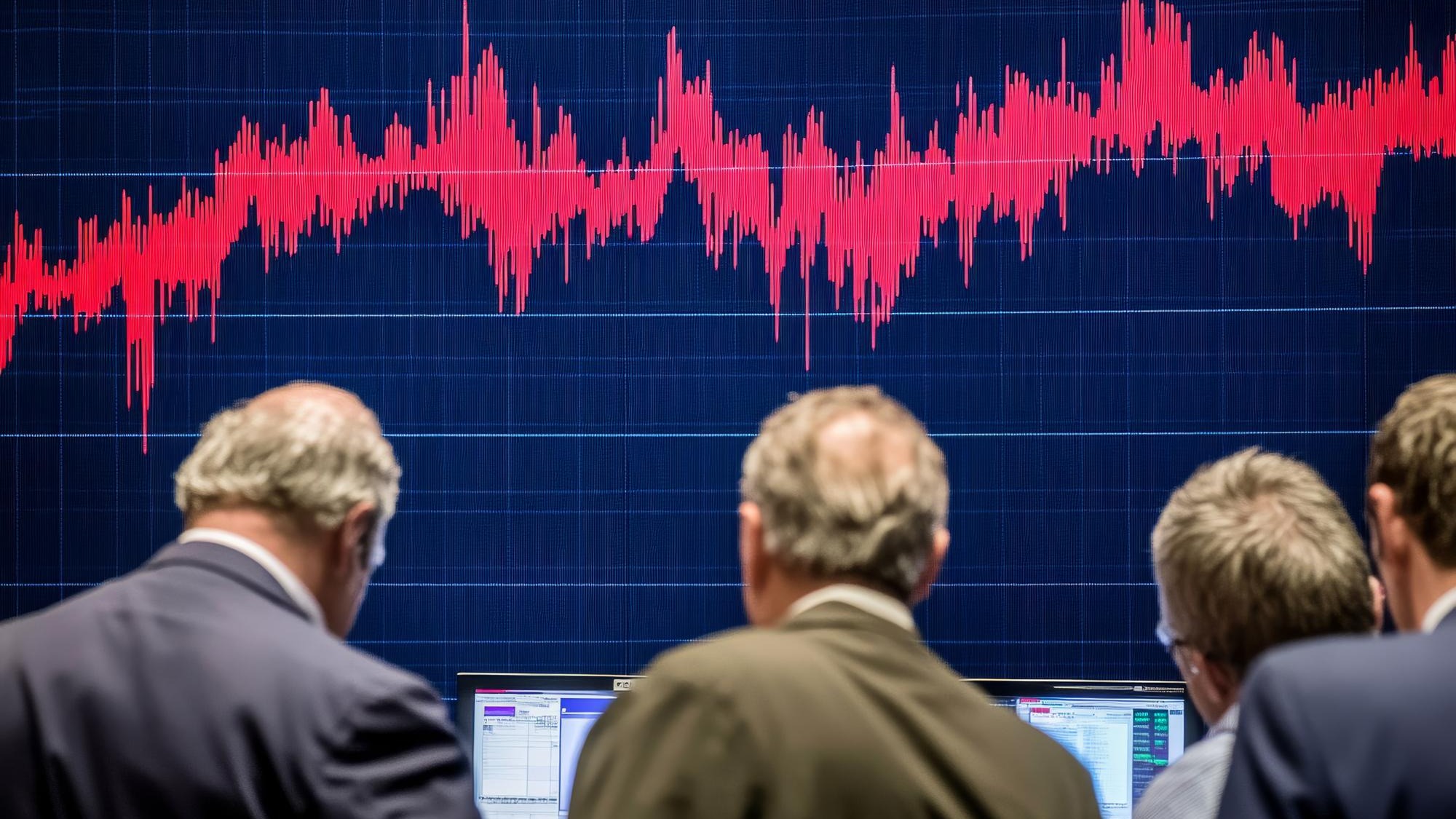 Traders Analyzing Financial Market Data with Red and Blue Graph