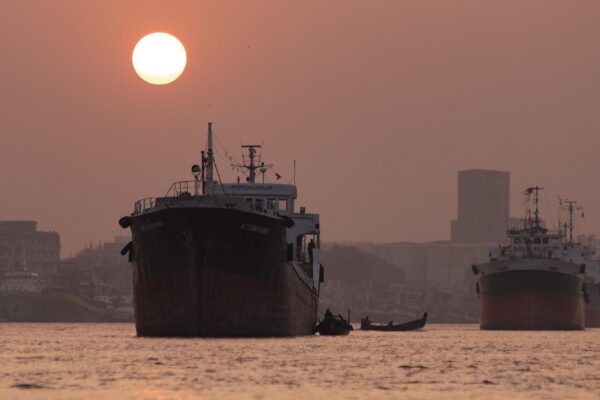 Port of Chittagong traditional cargo and fishing boats on the water