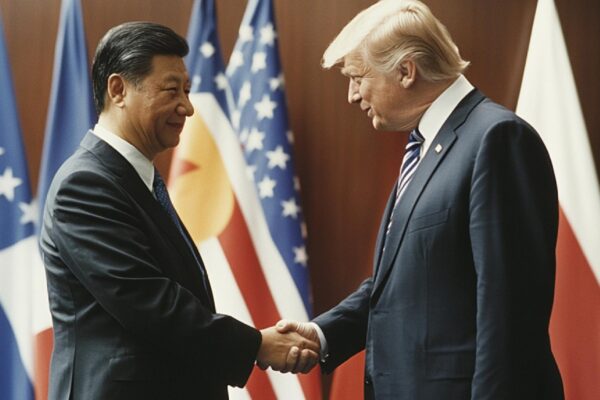 An image of a bilateral negotiation between two countries focusing on trade or security issues