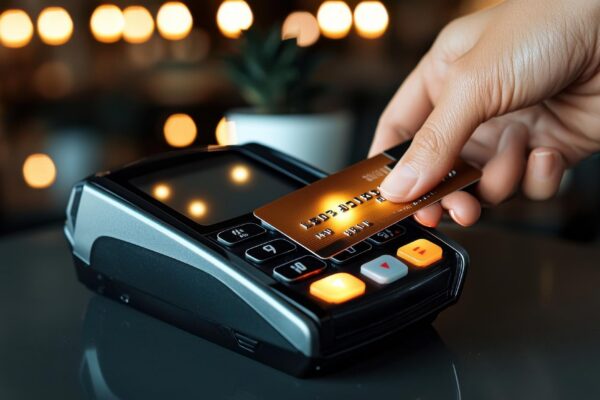 Hand Swiping Credit Card at Modern Payment Terminal