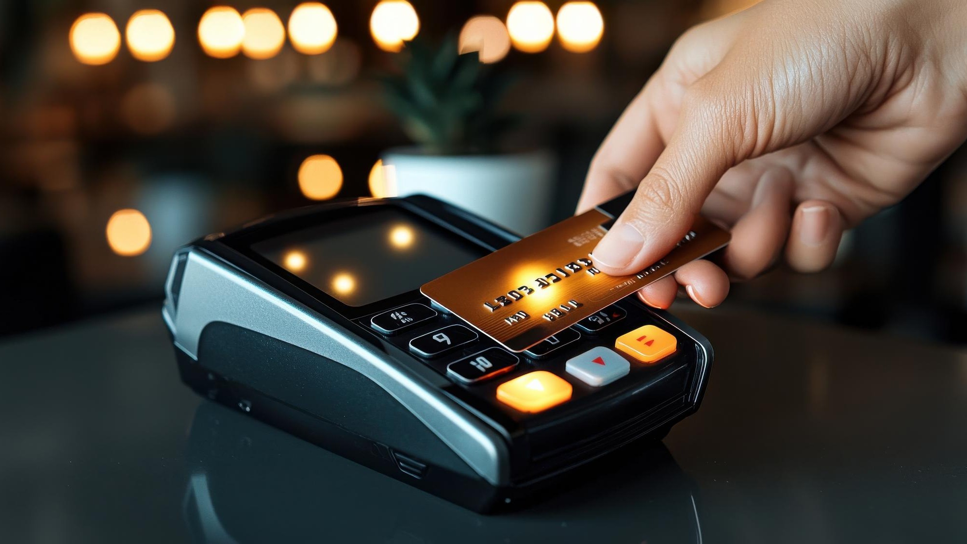 Hand Swiping Credit Card at Modern Payment Terminal