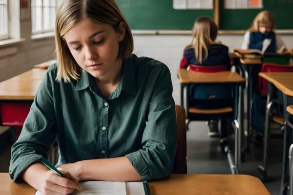 a girl sits at a desk with her hand on her desk