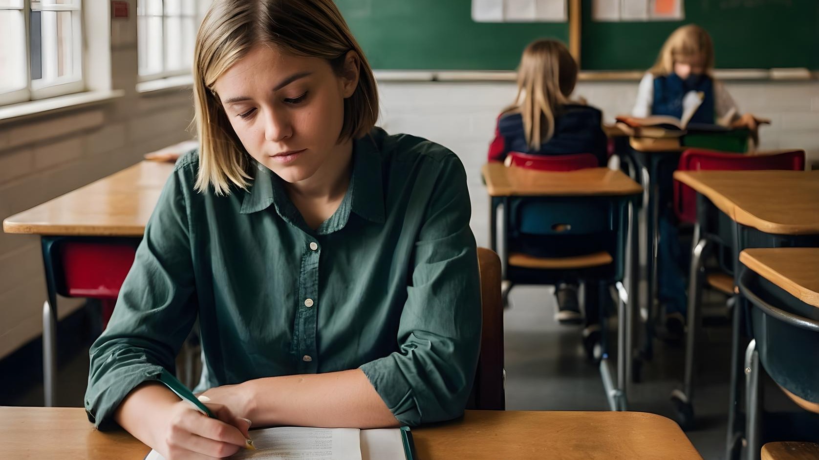 a girl sits at a desk with her hand on her desk