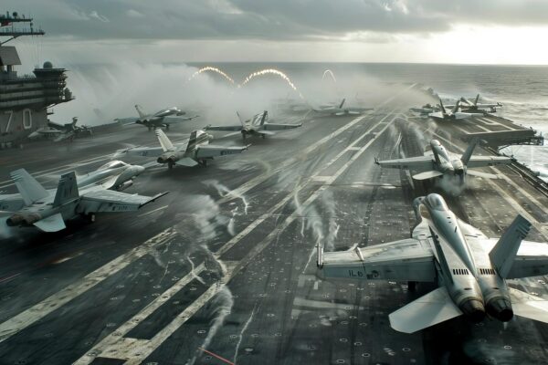 An expansive view of the aircraft carrier in turbulent seas with jets taking off in quick succession their afterburners illuminating the deck and highlighting the urgency of the operation