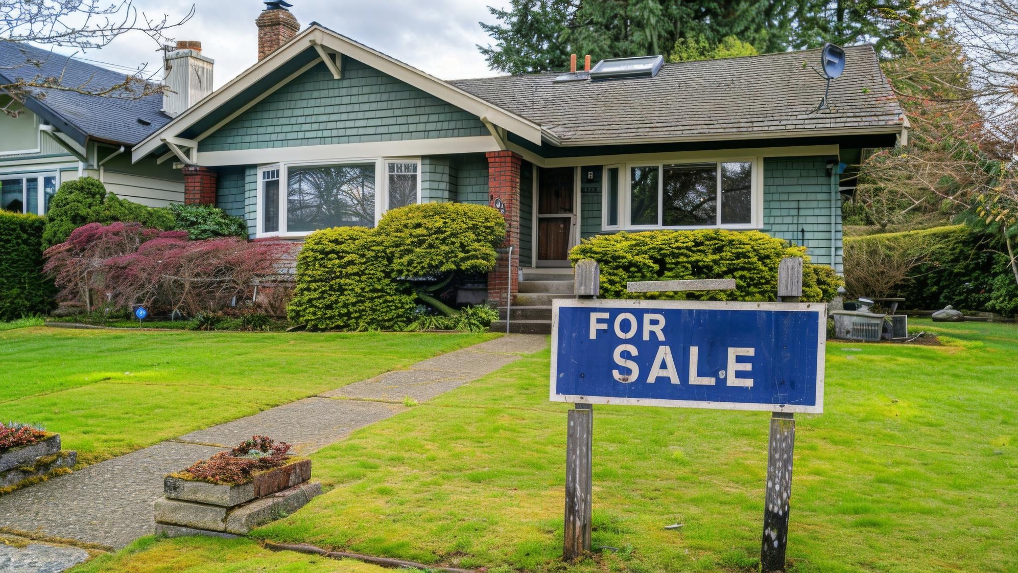 Home for sale with a sign with written FOR SALE in front of a house real estate sales concept