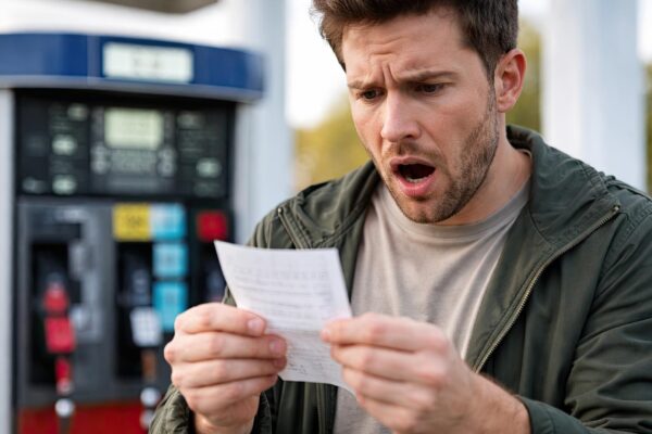Shocked man checking fuel receipt at gas station after expensive gasoline purchase
