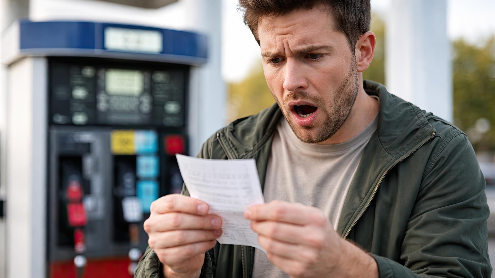 Shocked man checking fuel receipt at gas station after expensive gasoline purchase