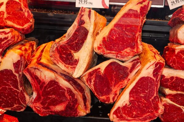 Galician and Basque beef steaks in Boqueria market, Barcelona, Spain