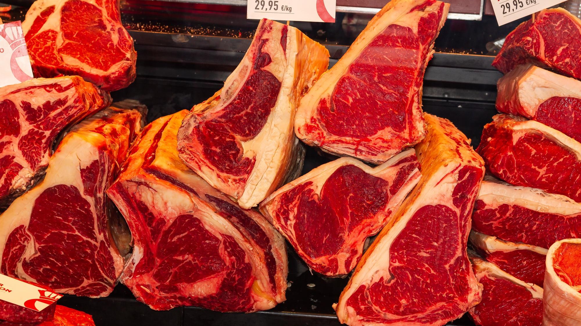 Galician and Basque beef steaks in Boqueria market, Barcelona, Spain
