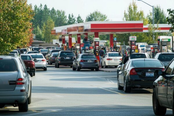 A busy gas station with multiple cars fueling and a convenience store