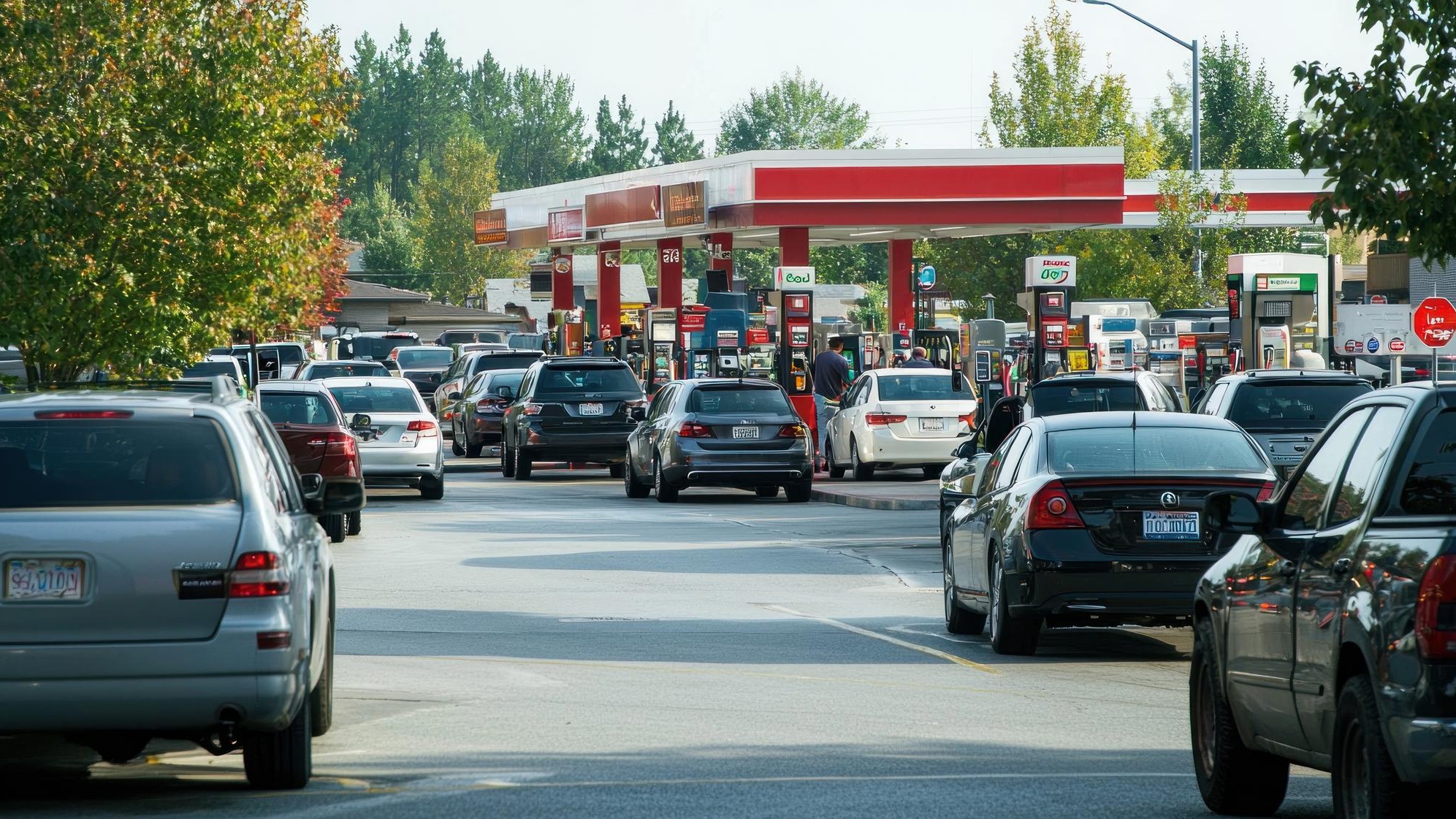 A busy gas station with multiple cars fueling and a convenience store