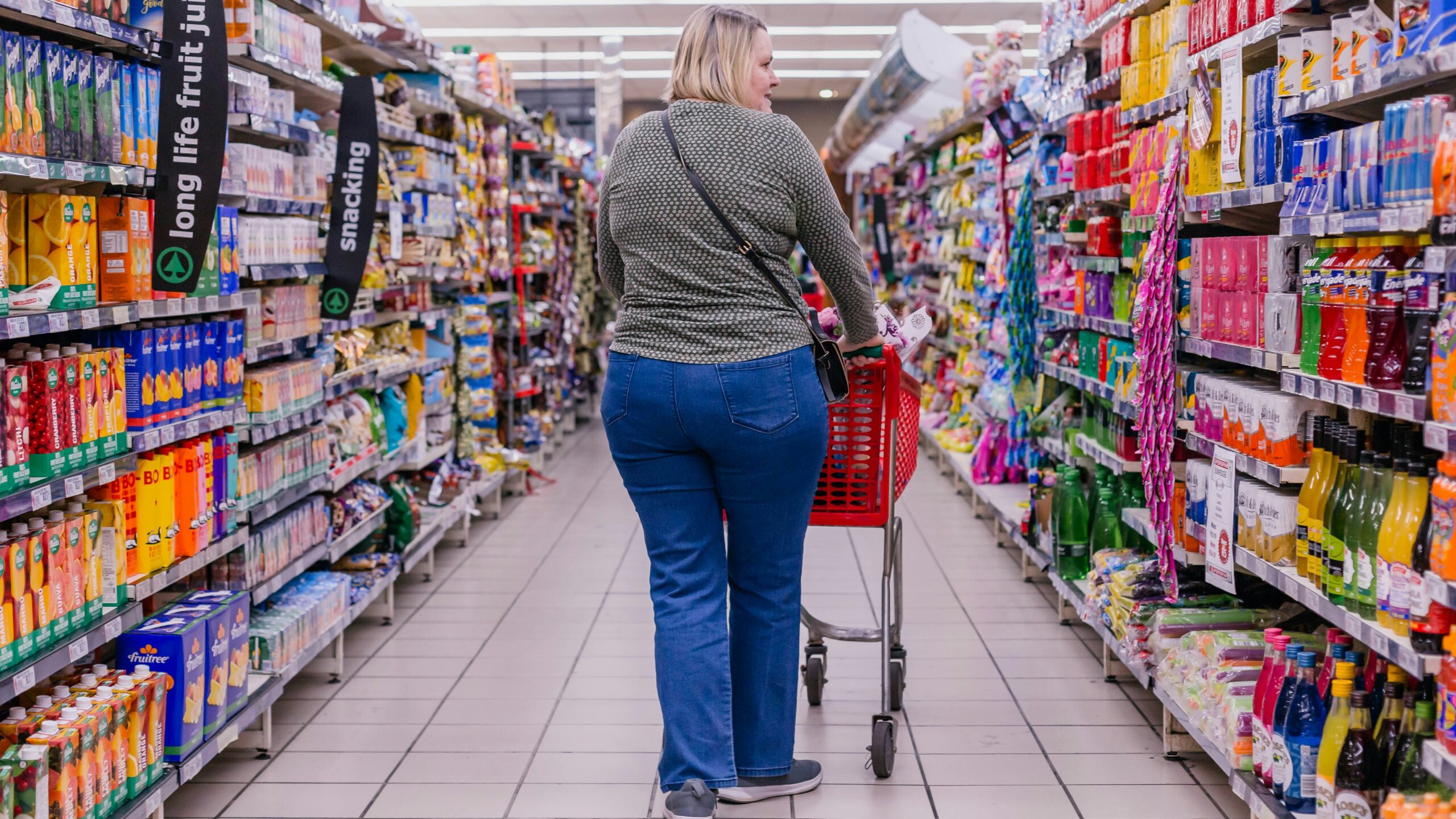 a person pushing a shopping cart in a store