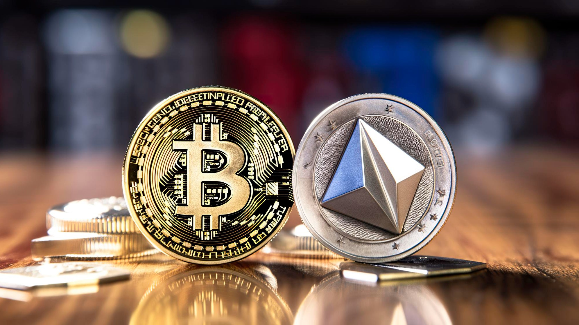 A photo of a Bitcoin and Ethereum coin with a blockchain