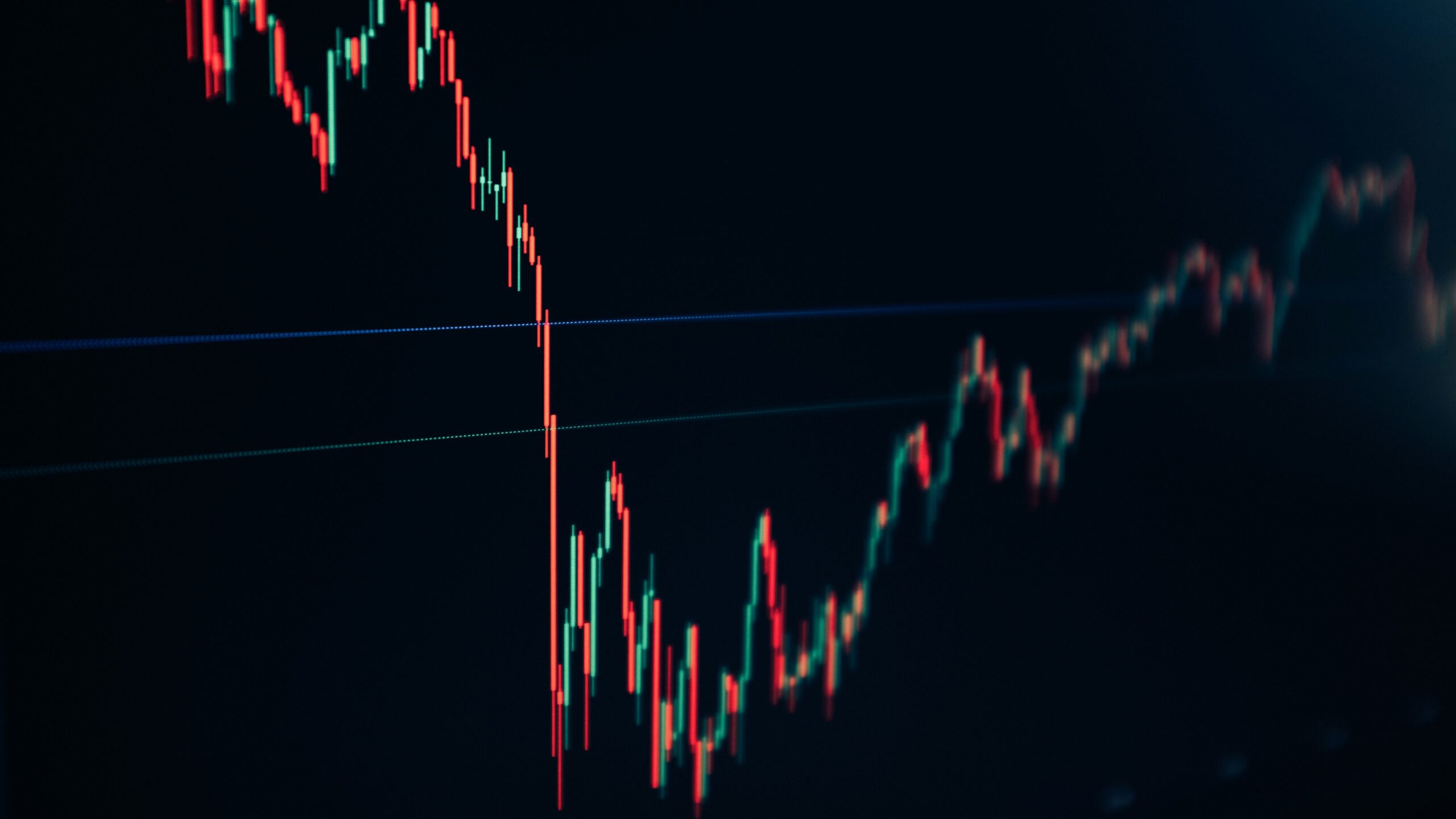 candlestick stock chart on dark screen