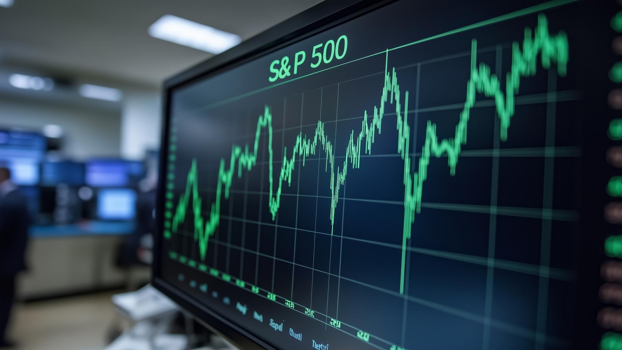 Closeup view of S and P 500 stock market chart displayed on screen in trading room Financial market