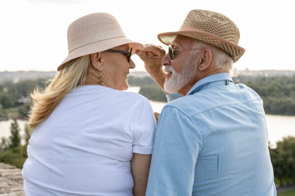 Old man grabbing a woman's hat