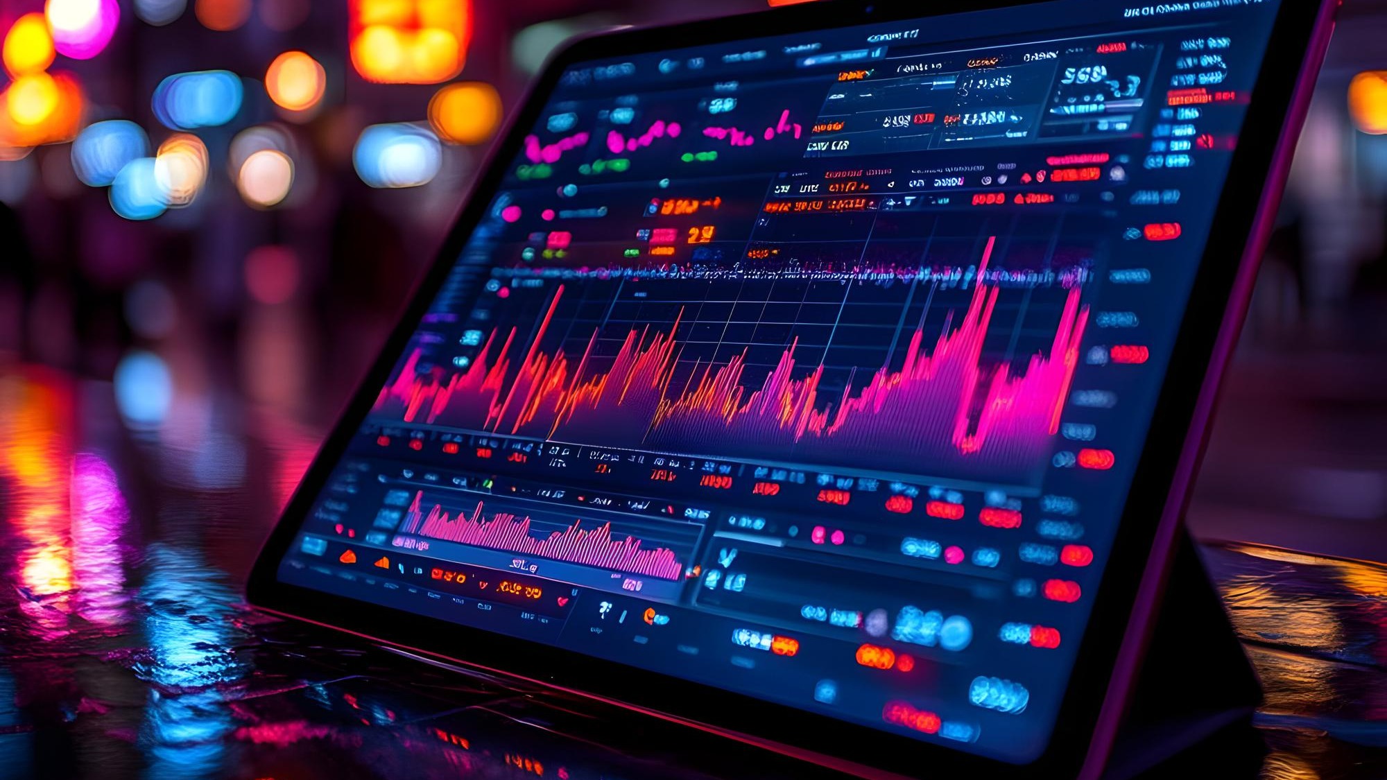 Digital Tablet Displaying Stock Market Data at Night 3D Illustration