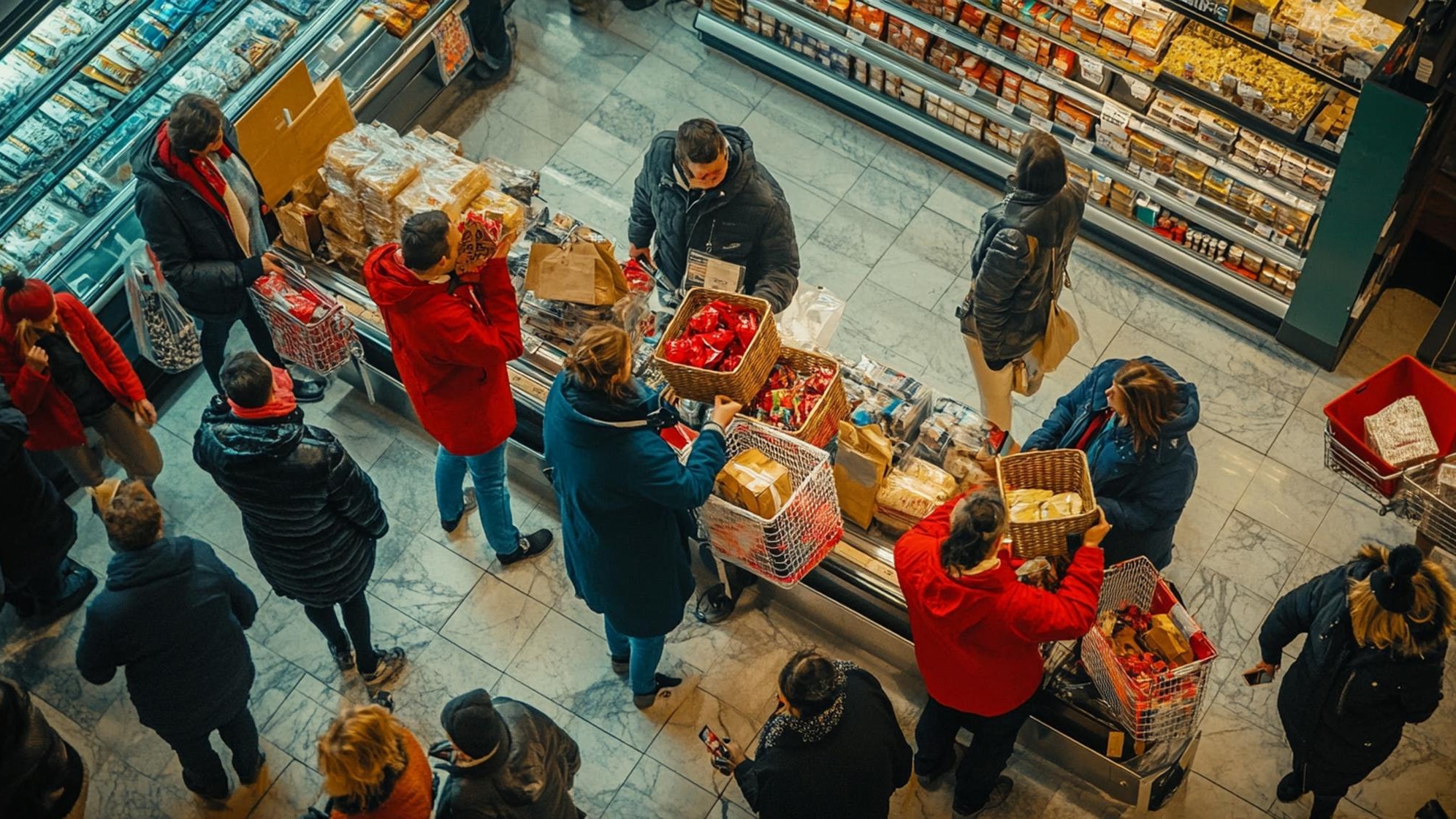 a group of people shopping in a store with a box of donuts