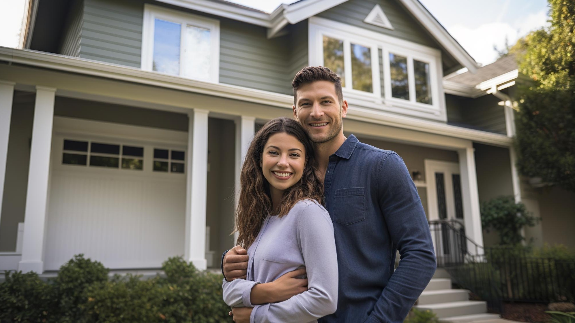 Joyful Newlyweds in Front of Their Dream Home