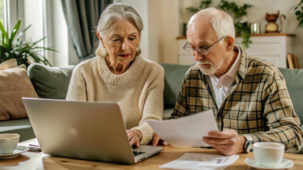 woman man senior bill finance retirement couple home document calculator paper wife budget elderly together mature old retired paperwork tax