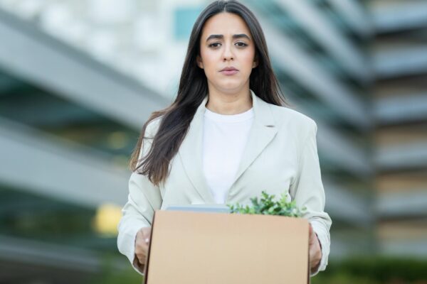 Woman carrying box outside modern building during the day