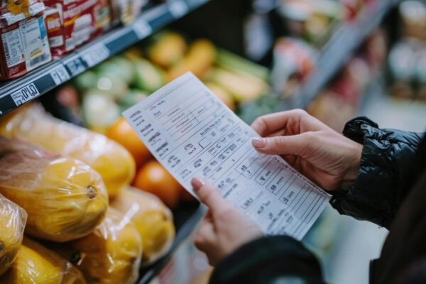 A pair of hands comparing prices on a receipt and a shopping list