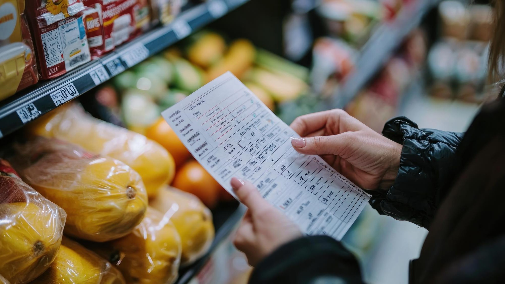 A pair of hands comparing prices on a receipt and a shopping list