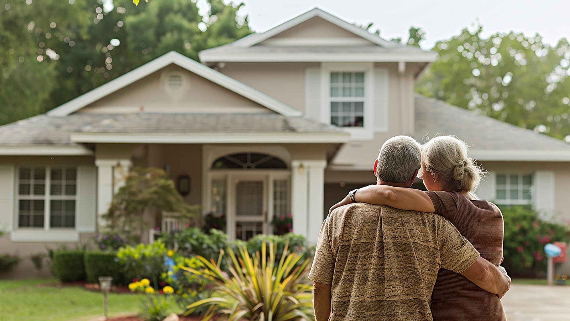 a man and a woman are hugging in front of a house
