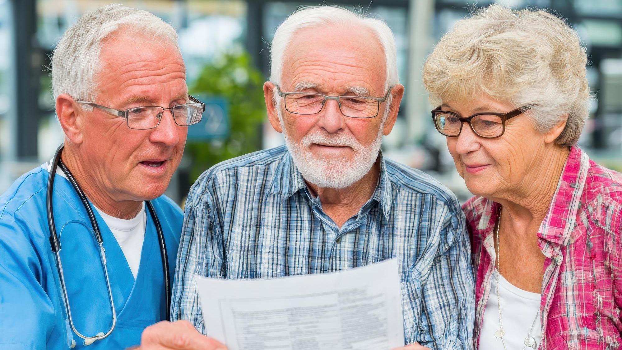 Medical worker showing document to senior couple