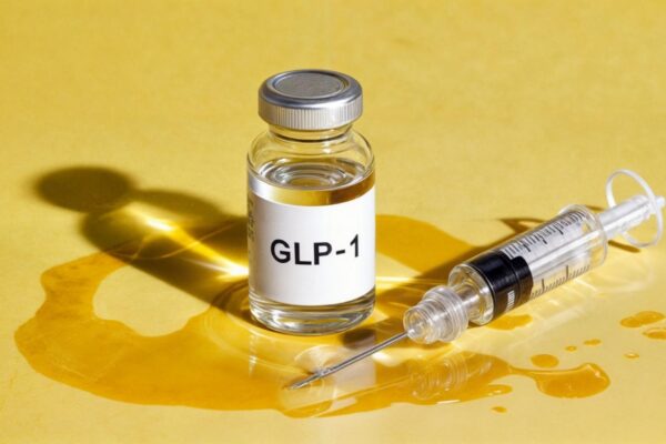 A vial labeled glp1 on a yellow background symbolizing medication