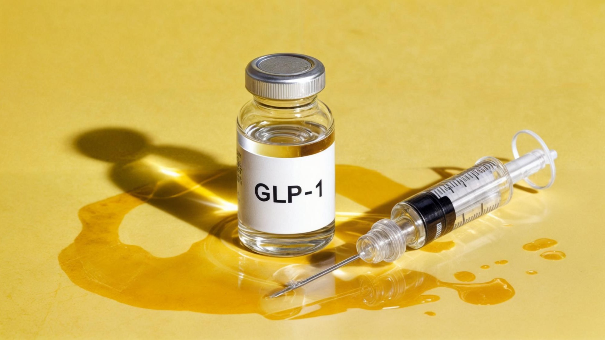A vial labeled glp1 on a yellow background symbolizing medication