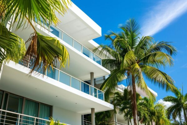 Modern apartment building or house with palm trees at Miami Generative Ai
