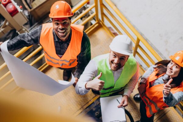 Three factory workers in safety hats discussing manufacture plan