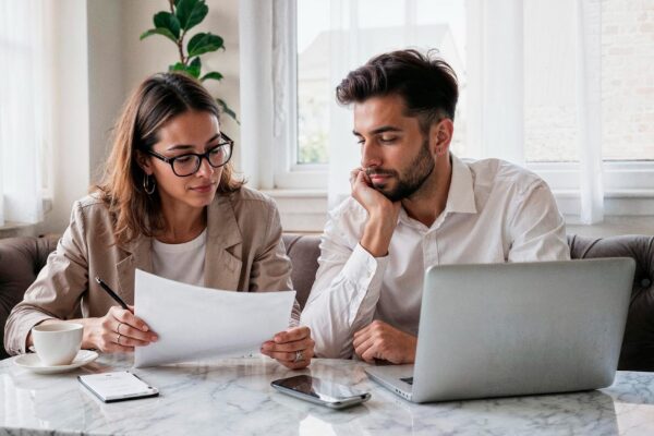 Man and woman working on business tasks together at a marble desk