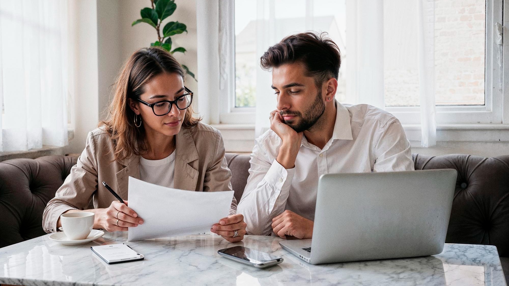 Man and woman working on business tasks together at a marble desk