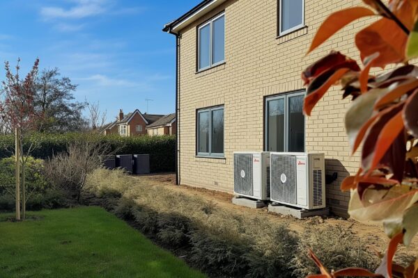 Air Source heat pump installation outside a newly built residential home