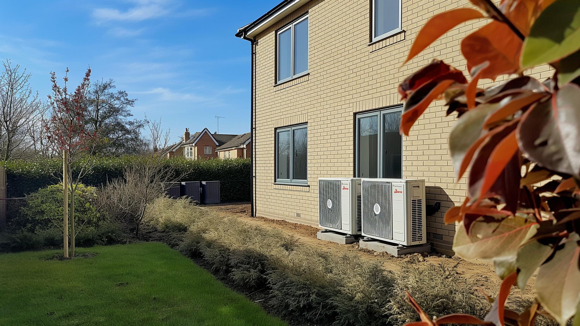Air Source heat pump installation outside a newly built residential home